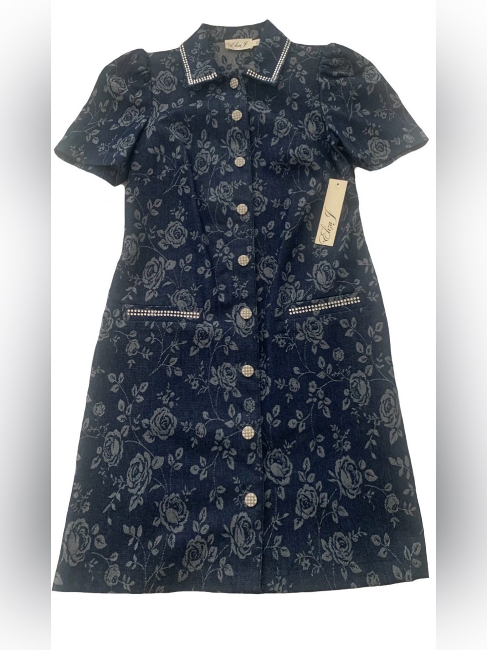 NEW Womens Size 4 Eliza J Floral Rhinestone-Trim Collared Denim Shirtdress $158 - Picture 4 of 13